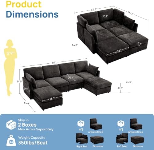 Iroomy Modular Sectional Couch for Living Room, Modern 6 Seater Convertible U Shaped Sofa with Ottoman, Spring Cushion Seating, Black