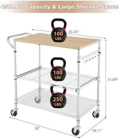 3 Tier Rolling Kitchen Cart with Wood Tabletop, Kitchen Island Carts with Wheels & Slider Shelf, Microwave Cart on Wheels, Coffee Cart with Hooks, 35.4" L*18.1" W*31.9" H，Wood+Chrome