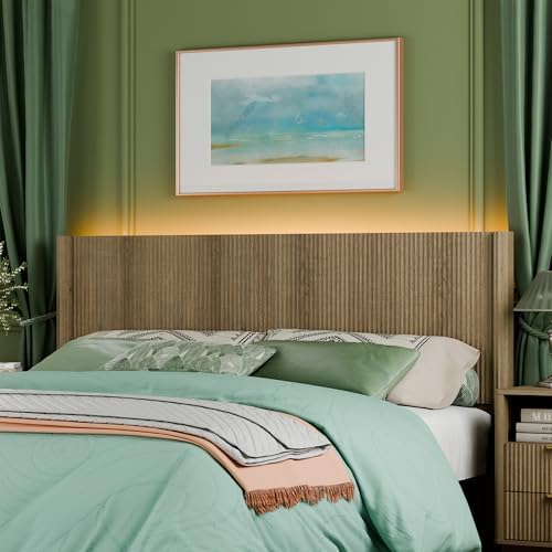 King Size Headboard Only, Modern Fluted Wall-Mounted Head Board with Lighting, Boho Wood Bed headboard Stylish Bedroom Decor, Natural