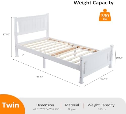 Bonnlo Twin Size Solid Wood Platform Bed Frame, Single Bed with Headboard, No Box Spring Needed Panel Bed, Wood Slat Support Mattress Foundation, White