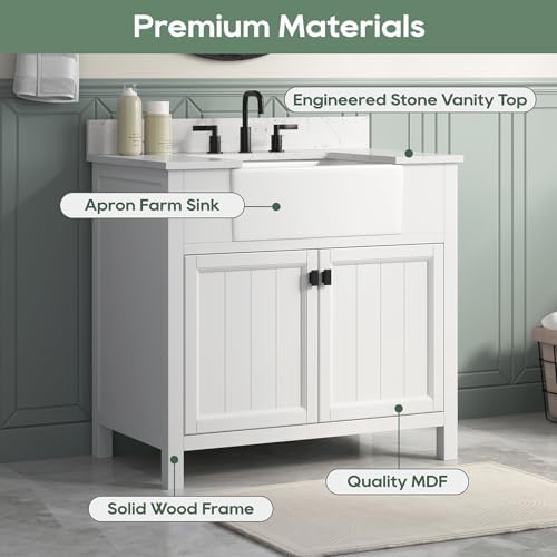 36 Inch White Bathroom Vanity with Sink, Solid Wood | Farmhouse Pre Assembled Vanity Bathroom with Soft Closing Doors, Vanity for Bathroom, Apron Farm Sink