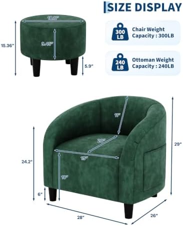 GarveeHome Accent Chair with Ottoman, Velvet Barrel Chair, Luxury Accent Armchair with Footstool for Reading Room Bedroom, Retro Green