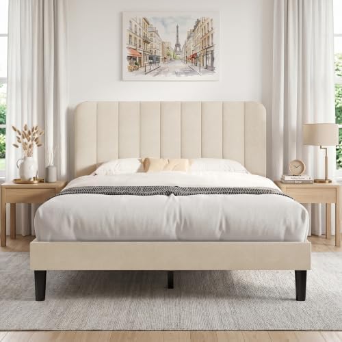 VECELO Queen Size Bed Frame with Upholstered Headboard, Velvet Platform Bedframe Mattress Foundation, Strong Wood Slat Support, No Box Spring Needed,Bone Beige
