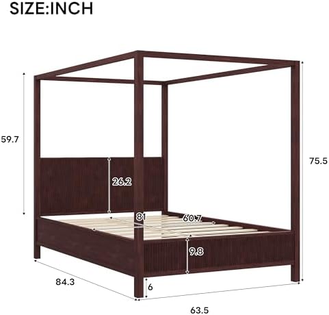 Queen Size Wood Canopy Bed Frame, Espresso Vintage Four-Posters Platform Bed Frames with Headboard, 10-Slat Support Wooden Post Beds, 6" Under Bed Storage, Easy Assembly (Espresso, Queen, 75.5"H)