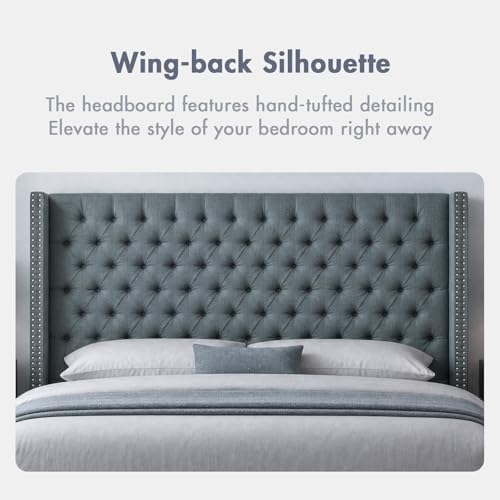 Madison Park Queen Wingback Upholstered Tufted Headboard, Featuring High-Density Sponge Padding, Adjustable Height Headboard, Easy Assembly, Dark Grey Woven
