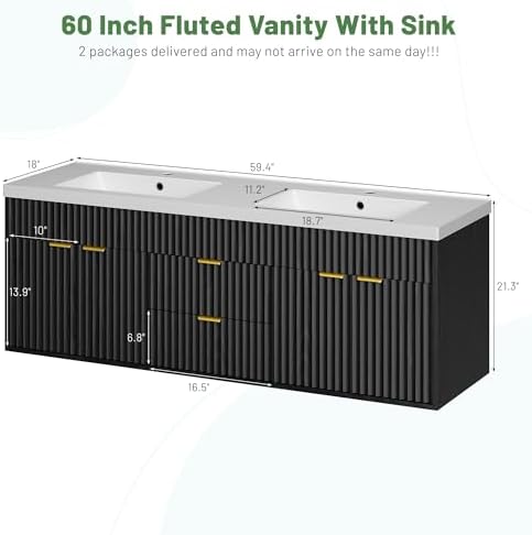 CARPETNAL 60 Inch Bathroom Vanity with Sink, Black. | Modern Fluted Large Double Sink Bathroom Vanity with Sink with 2 Storage Cabinets, Adjustable Shelf and 2 Drawers.