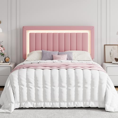 SHA CERLIN Full Size Velvet Bed Frame with LED Light, Pink