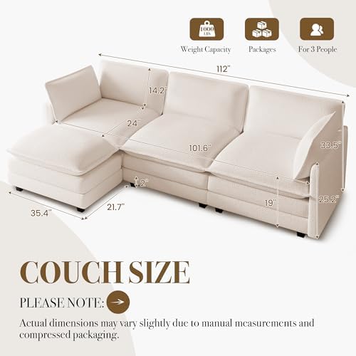 ROWHY 112'' Modular Sectional Cloud Couch with Movable Ottoman, 4 Seat Modern Chenille Sofa, Deep Seat L Shaped Couch for Living Room Bedroom Apartment,Cream White