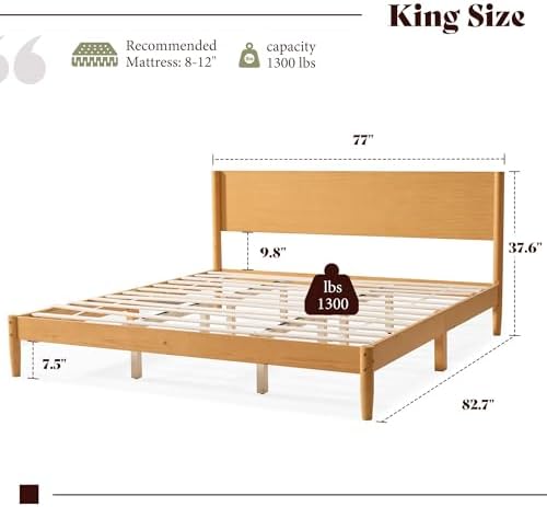 AMERLIFE Solid Wood King Bed Frame, Mid Century Bed with Headboard, Natural