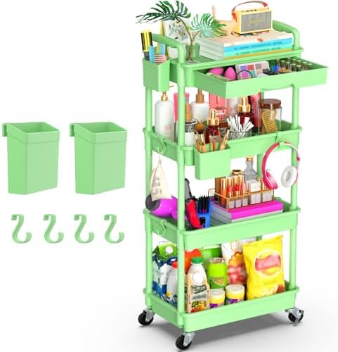 Goovilla 4 Tier Rolling Utility Cart Organizer with Removable Drawer, Green