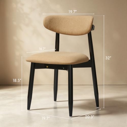 CHUN YI Dining Chairs Set of 6, Upholstered Solid Wood Dining Room Chairs, Mid Century Modern Fabric Kitchen Chairs with Ergonomic Curved Back, Khaki (Only Chairs)