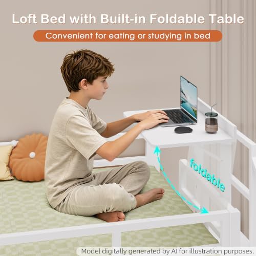 Dnxao Loft Bed Twin Size with 6 Storage Drawers and Foldable Table, White