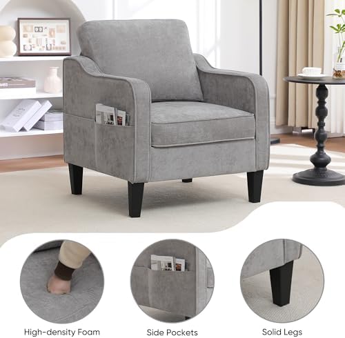 Accent Chair for Living Room, Mid Century Modern Reading Chair for Bedroom, Upholstered Armchair with Side Pockets, Comfy Single Sofa Side Chair for Office, Apartment, Small Room, Light Grey