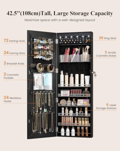 LVSOMT Wall Mounted Jewelry Organizer with Full Length Mirror, 42.5" Black | Over the Door Mirror with Storage, Lockable Jewelry Cabinet for Earring Ring Necklace, Large Capacity, Gift for Women