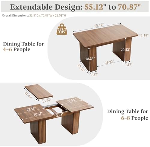 55 in–71 in Extendable Rectangular Dining Table for 4–6, Modern Farmhouse Expandable Kitchen Table with Carved Line Base, Wooden Dinner Table for Kitchen Living Room Home Office (Walnut)