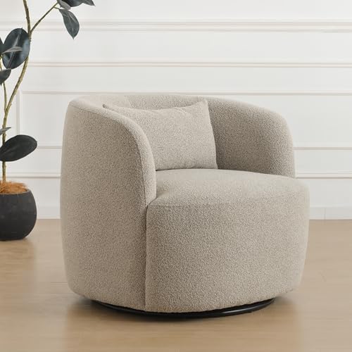KINWELL 34" W Sherpa Swivel Barrel Accent Chair with Pillow, Taupe Gray