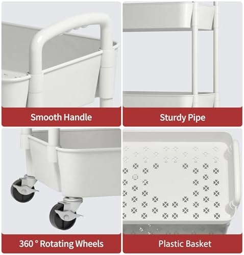 Sywhitta 4-Tier Plastic Rolling Utility Cart with Wheels for Storage,White