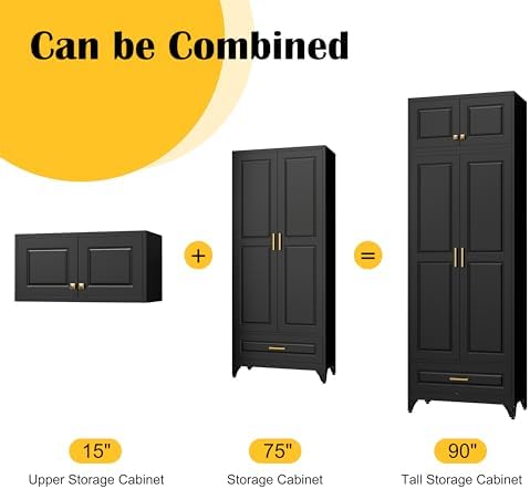 SteeLoong 90" Metal Storage Cabinet with Doors and 3 Adjustable Shelves | Kitchen Pantry Cabinet with 3 Drawers,Black Kitchen Cabinet with 4 Gold Handles,Food Cupboard for Livingroom,Pantry, Bathroom