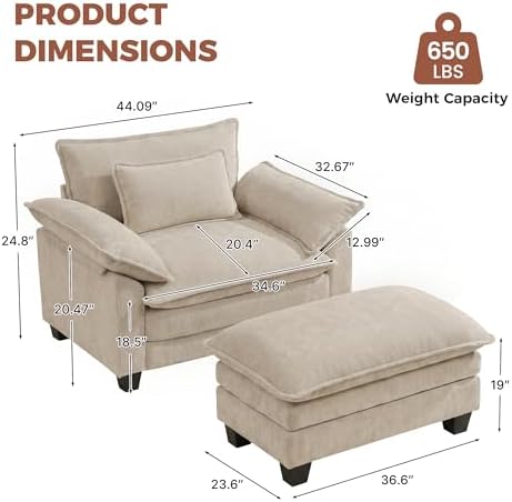 Oversized Accent Chair with Ottoman Set of 2,44"Chenille Cloud Sofa Chair with Deep Seat,Upholstered Armchair with Extra Thick,Modern Comfy Reading Chairs for Living Room Bedroom Apartment Khaki