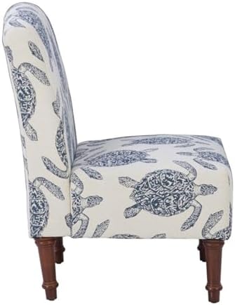 Linon Hawksbill Upholstered Turtle Print Armless Accent Chair in Blue & Cream