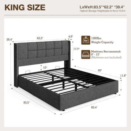 Queen Bed Frame with Hydraulic Gas Lift Up Storage, Linen Upholstered