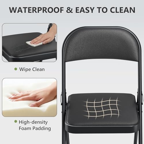 Folding Chairs 10 Pack, PU Leather Padded Folding Chairs for Outside and Indoor, Heavy Duty Portable Foldable Metal Commercial Seat for Home Office, Dorm, Party, Backyard, Lawn, Patio, Black
