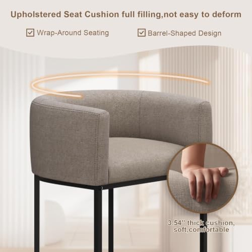 26" H Counter Height Bar Stools Set of 1, Modern Barrel Counter Stools with Backrest and Arms, Linen Fabric Upholstered Accent Barstools for Kitchen Island,Support 450 LBS (Sand)