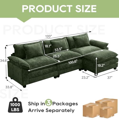 Oprisen 120" Modular Sectional Sofa, Comfy Deep Cloud Couch with Ottoman
