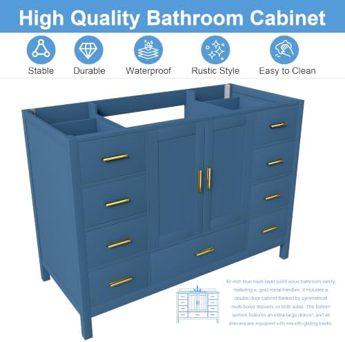 Montary 48" Modern Bathroom Vanity Base Cabinet, Solid Wood Construction, | Soft-Close Double Doors & 9 Full-Extension Drawers(Basin & Top Not Included),Blue