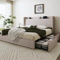 SHA CERLIN King Size Storage Bed Frame with 4 Oversized Drawers, Modern Wingback Headboard with Storage Shelf & Charging Station, No Box Spring Needed, Easy Assembly, Beige