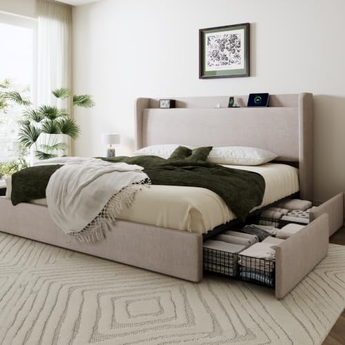 SHA CERLIN King Size Storage Bed Frame with 4 Oversized Drawers, Modern Wingback Headboard with Storage Shelf & Charging Station, No Box Spring Needed, Easy Assembly, Beige