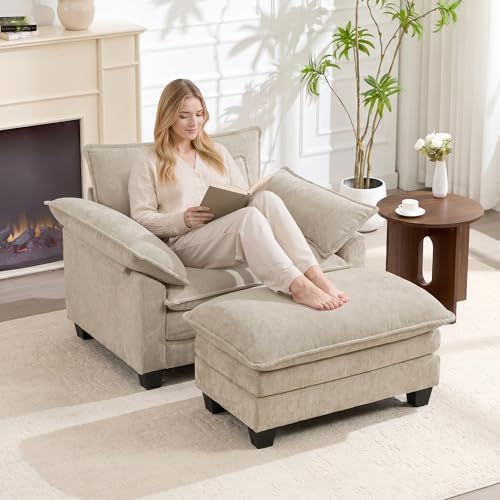 Oversized Accent Chair with Ottoman Set of 2,44"Chenille Cloud Sofa Chair with Deep Seat,Upholstered Armchair with Extra Thick,Modern Comfy Reading Chairs for Living Room Bedroom Apartment Khaki