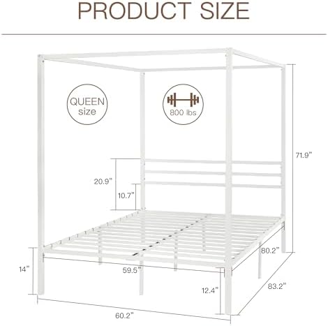 ikalido Queen Size Metal Canopy Bed Frame, Heavy-Duty Support, White