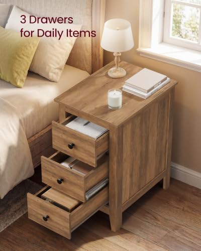 VASAGLE Side End Table with 3 Storage Drawers, Nightstand Farmhouse