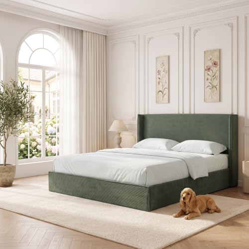 Queen Lift Up Storage Bed, Corduroy Platform Bed with Headboard, Turtle