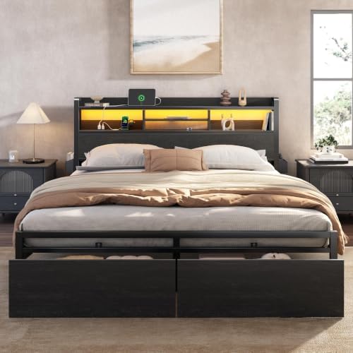 Furnulem King Size Bed Frame with 2 Drawers and Storage Headboard Black