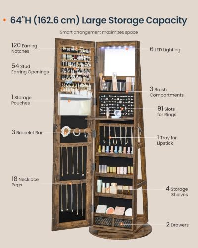SONGMICS HOME Standing Jewelry Armoire, Full Length Mirror with Storage | Lockable Jewelry Cabinet with 6 LED Lights, Floor Mirror, Built-in Vanity, Rustic Brown Surface, Black Lining UJJC007X01SH