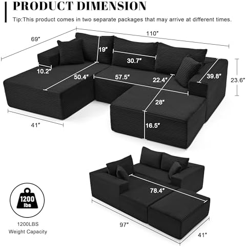 Mangodan 110” Cloud Sectional Couch, Modular Sectional Sofa with Deep Seat, Boneless Sofa for Living Room, Fluffy Comfy U-Shaped Couch with Left Facing Chaise, No Assembly Required, Black