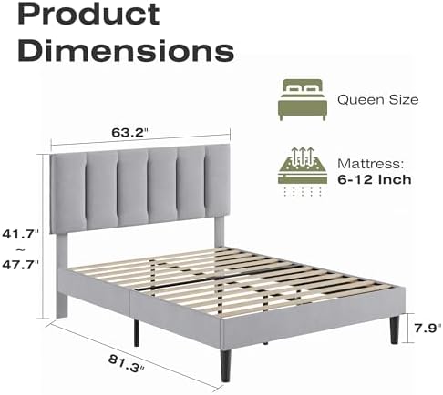 VECELO Queen Size Bed Frame with Upholstered Headboard, Light Grey
