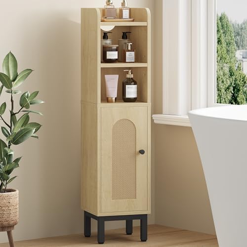 Hzuaneri Bathroom Storage Cabinet, Small Corner Floor Cabinet | Narrow Toilet Paper Holder, Bathroom Organizer with Adjustable Shelf, 2 Doors, for Small Spaces, Rattan Yellow BC08202Y