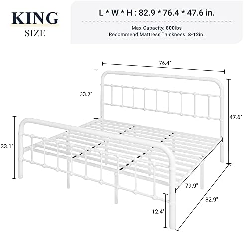 Allewie King Metal Bed Frame with Victorian Iron-Art Headboard, White