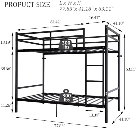 Bellemave Twin Over Twin Bunk Beds, Metal Bunk Bed Frame with Ladder and Full-Length Guardrail for Kids, Adults, Black
