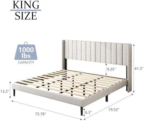 Gruwans King Size Bed Frame with Upholstered Wingback Headboard, Easy Assemnly Platform Bed, Wooden Slat Support No Box Spring Needed, Sand