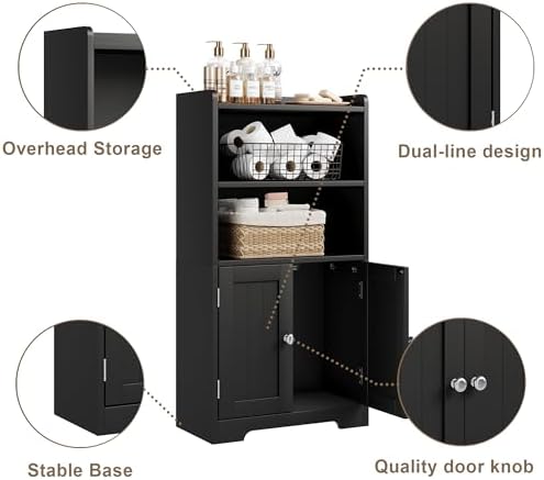 ChooChoo Small Bathroom Storage Cabinet with 2 Door and Shelves | Narrow Toilet Paper Cabinet, Freestanding Bathroom Floor Cabinet and Organizers for Small Spaces, Black