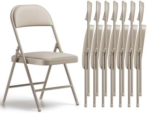 Folding Chairs 8 Pack, PU Leather Padded Folding Chairs for Outside and Indoor, Heavy Duty Portable Foldable Metal Commercial Seat for Home Office, Dorm, Party, Backyard, Lawn, Patio, Khaki