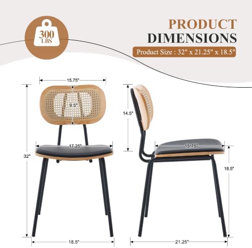 CIMOTA Rattan Dining Chairs Set of 4, Cane Back Kitchen Chairs with Metal Legs, Faux Leather Seat, Armless Dining Room Chairs for Kitchen, Black