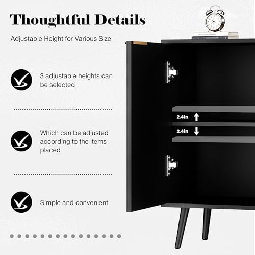 Fluted Storage Cabinet, Buffet Cabinet with Storage, Wood Sideboard with Adjustable Shelf, Modern Accent Cabinet & Console Table for Entryway, Living Room, Dining Room, Black