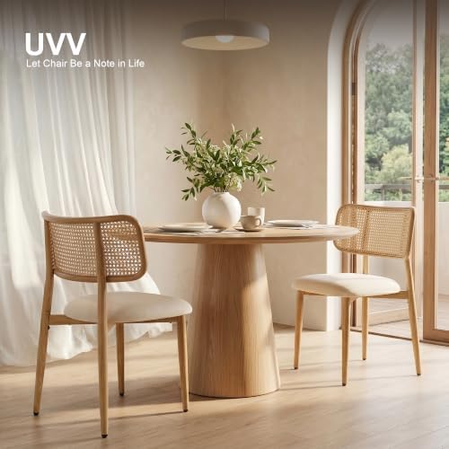 UVV Dining Chairs Set of 2, Metal Kitchen Chairs with Modern Fabric Upholstered for Dining Room, Beige Rattan