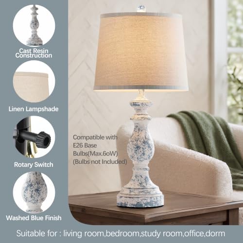 PARTPHONER Traditional Table Lamp Set of 2, Rustic Farmhouse Table Lamps for Living Room Bedroom, 27" Bedside Desk Lamps Vintage Nightstand Lamps with Linen Shades, Washed Blue