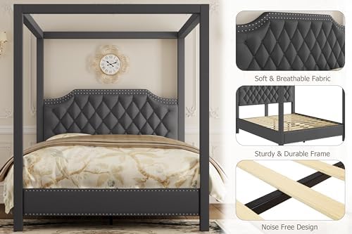 GarveeHome Upholstered Canopy Bed Full Size with Button Tufted Headboard